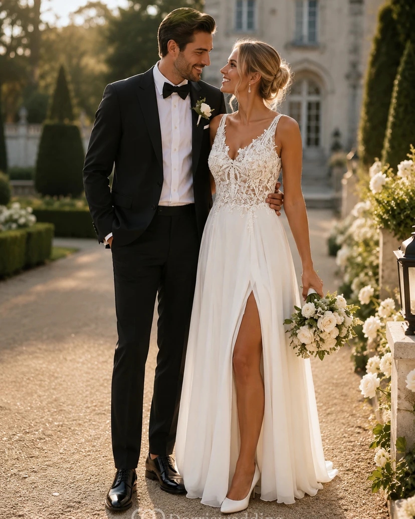 Minimalistisches, schlichtes Strandhochzeitskleid | Lässiges Chiffonkleid für eine intime Hochzeit mit Spitzentop video preview