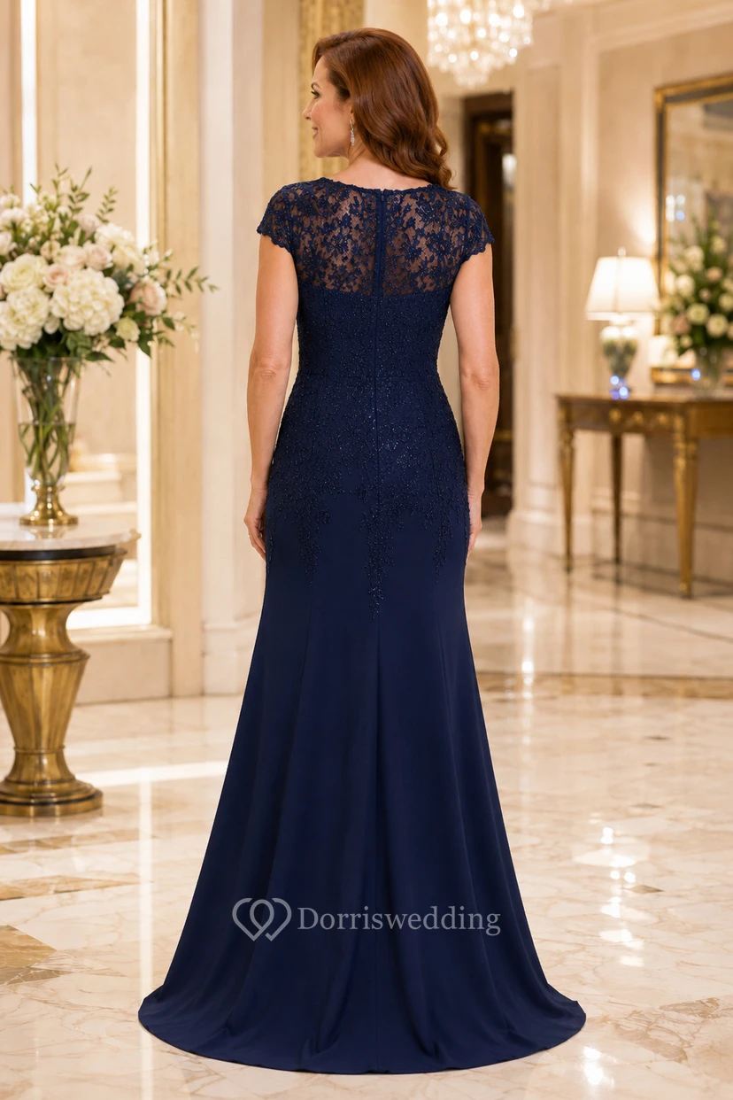 MOB Kleid Dunkelblaues Chiffon-Spitzen-Meerjungfrauenkleid mit kurzen Ärmeln und U-Boot-Ausschnitt, bodenlang view 2