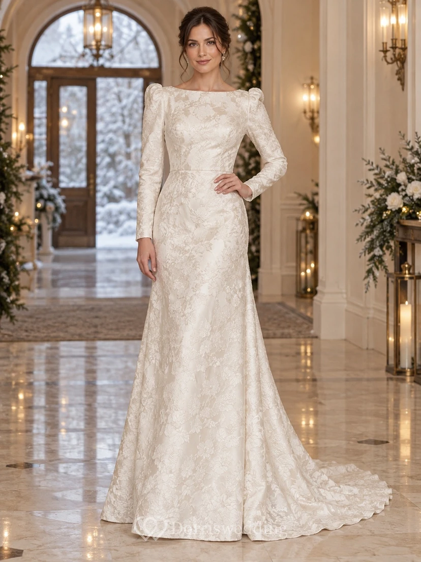 Vestido de novia de sirena con escote barco, mangas largas, brocado floral y cola.