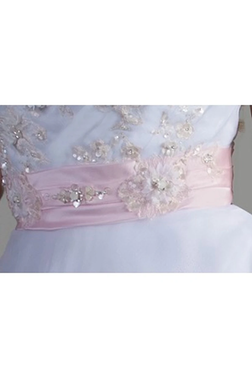 Crystal Applique Bodice Tulle Bridal Ball Gown With Pink Floral Sash view 3