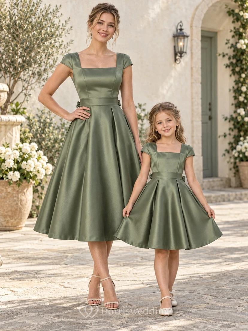 Robe assortie pour la mère, en satin vert à col carré et manches courtes, longueur thé, col rond, manches courtes.