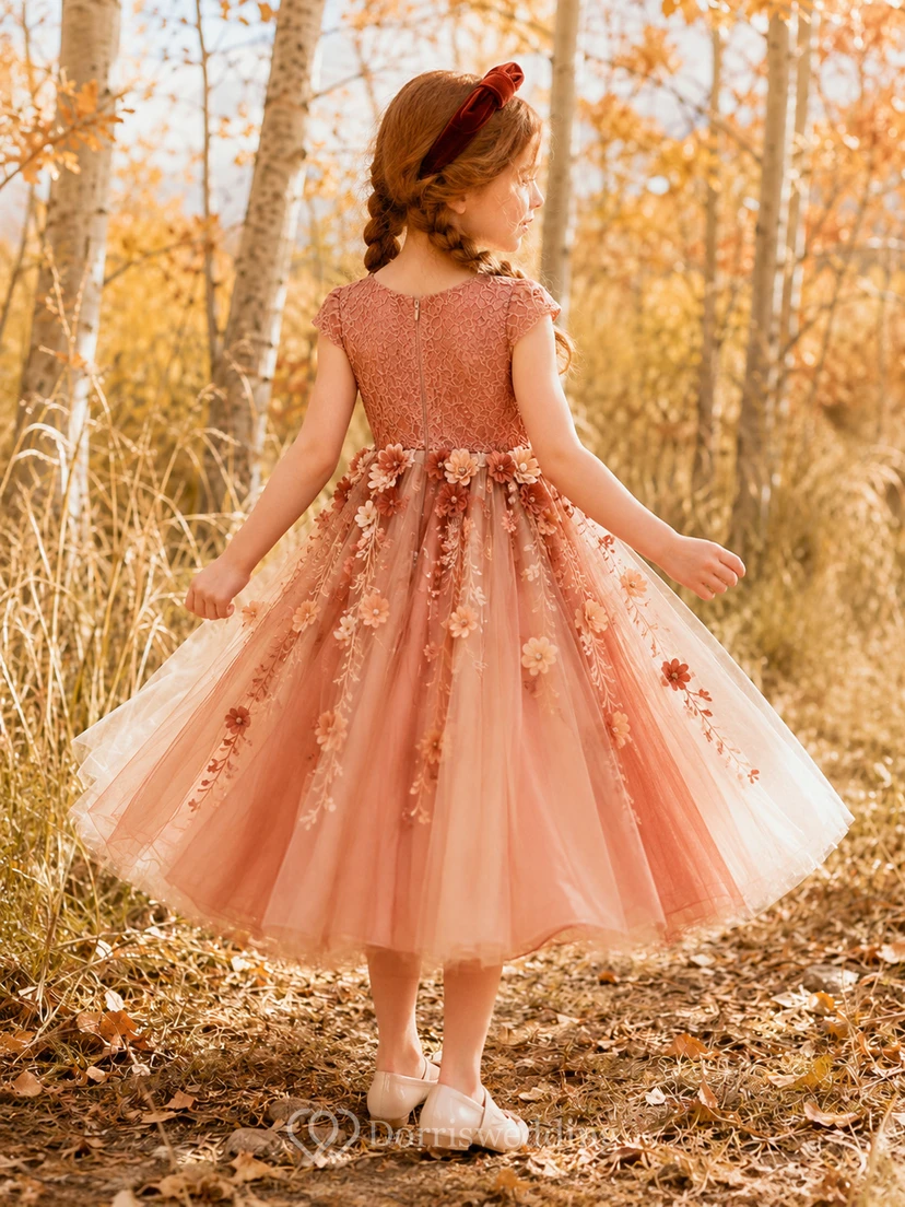 Adorable A-Line Flower Girl Dress with Jewel Neck Floral Appliqu¨¦ Coral Tulle Autumn Celebration view 2