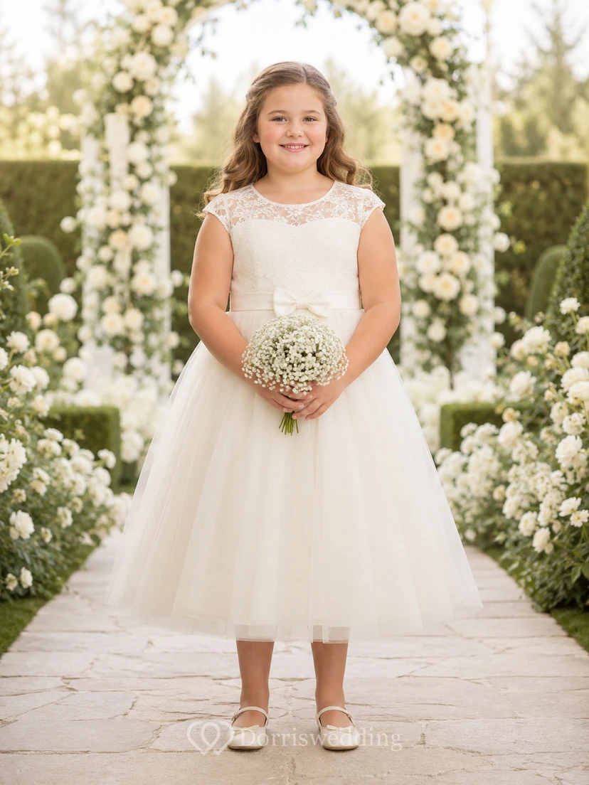 Vestido blanco de niña de las flores, clásico, largo hasta la rodilla, corte en A, mangas cortas con efecto ilusión, encaje, tul, satén, lazo, botones en la espalda.