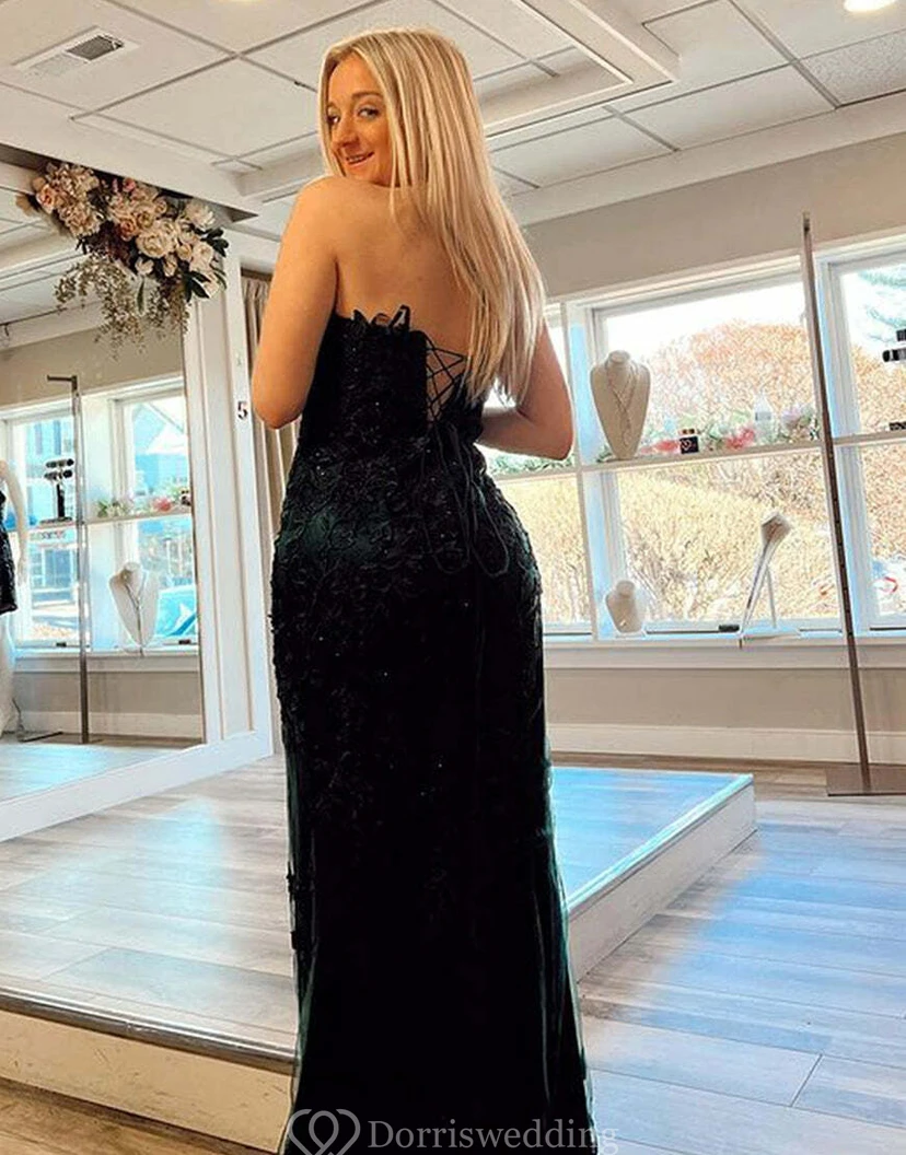 Strapless Front Split Lace Applique Elegant Tulle Dress view 8