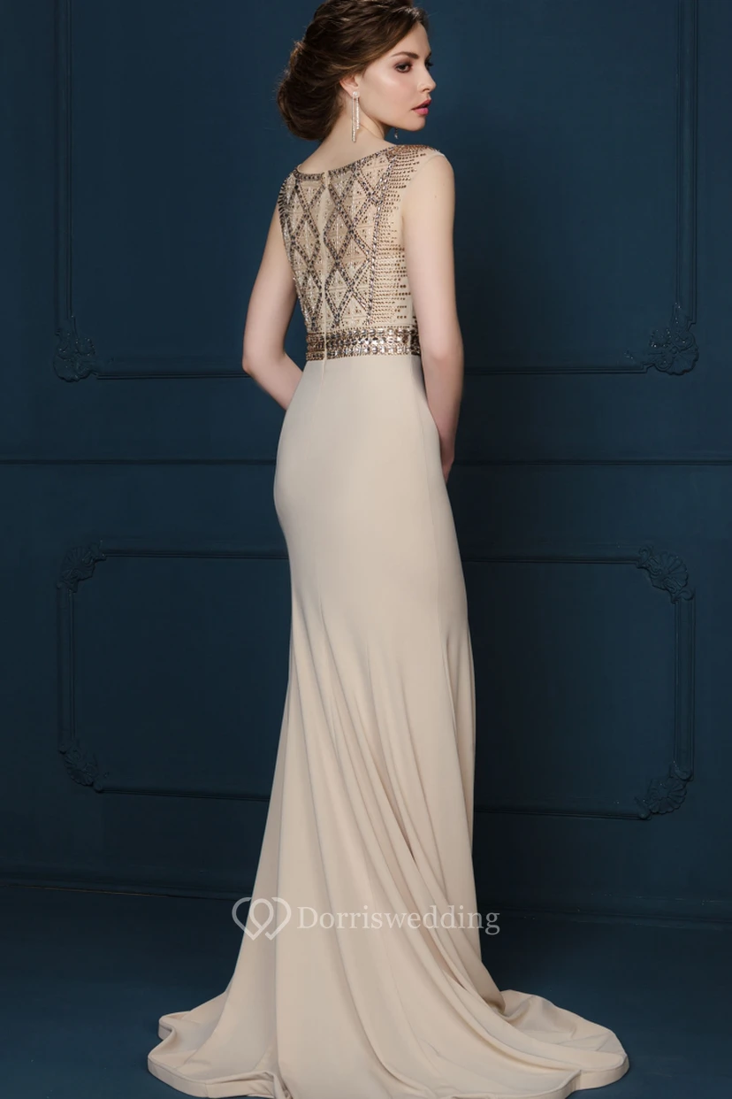 Sheath Sleeveless Scoop-Neck Floor-Length Crystal Jersey Evening Dress With Pleats view 2