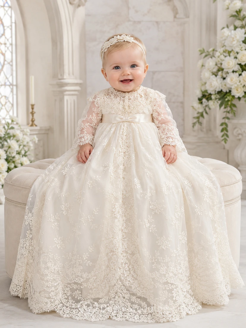 Baptism Gown A-Line Lace Tulle High Neck Long Sleeve Scalloped Hem view 2