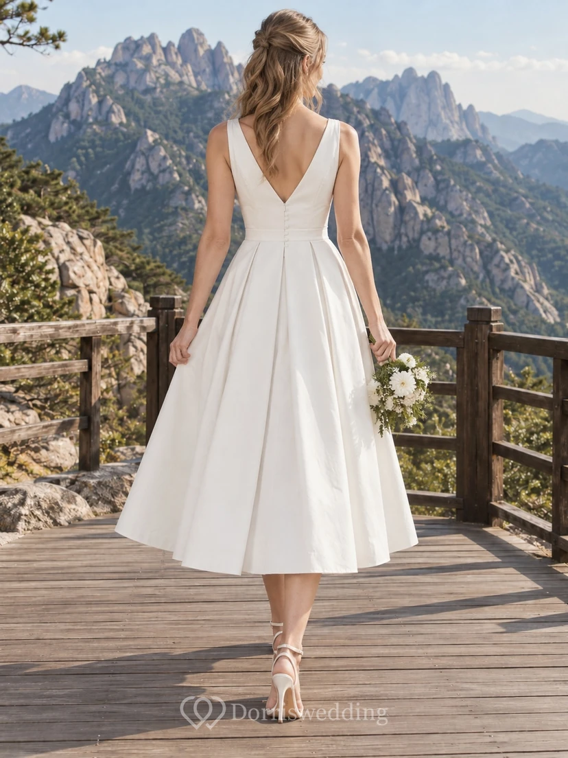 Einfaches, ärmelloses, plissiertes Brautkleid in Teelänge mit V-Ausschnitt view 2