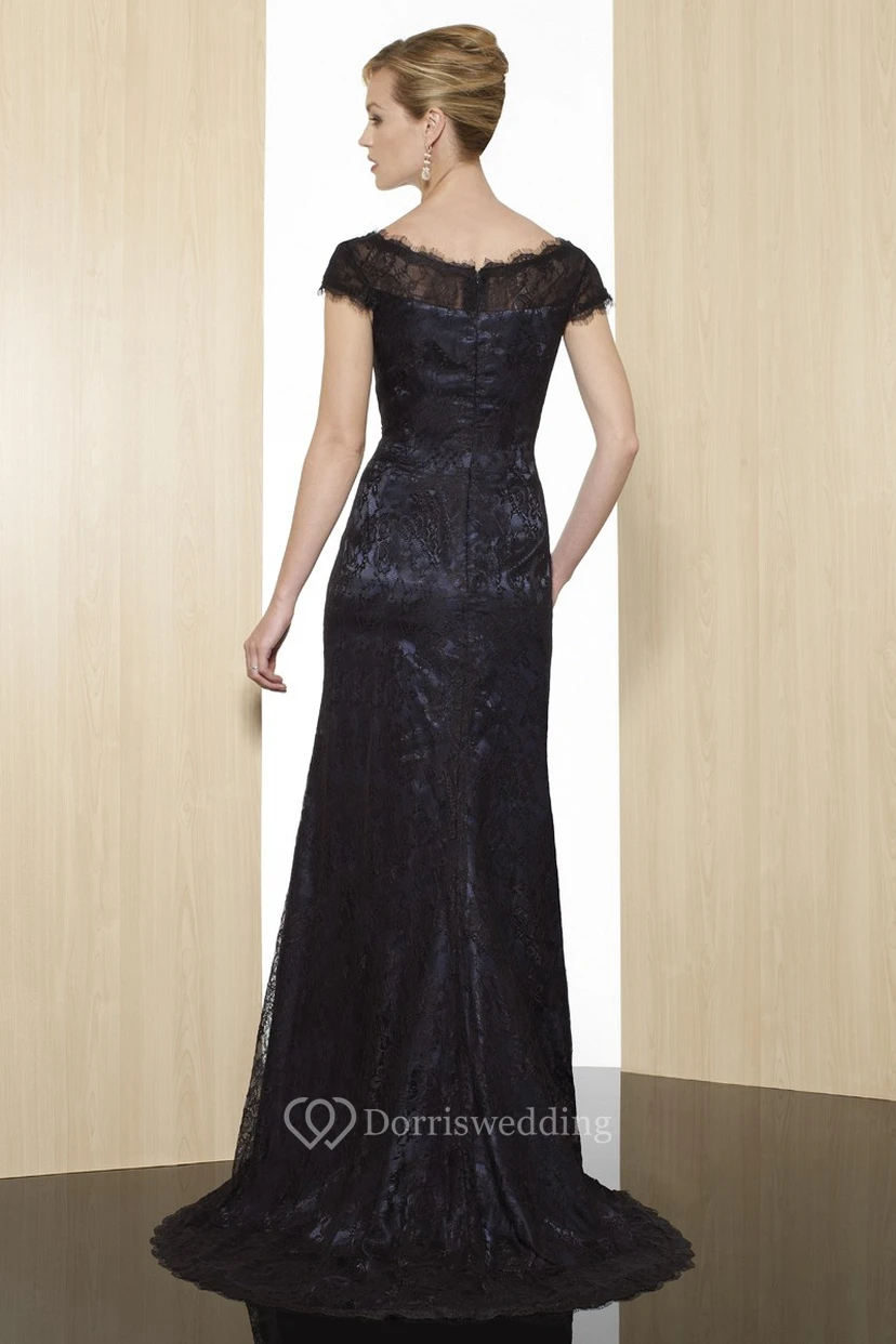 Sheath Cap-Short-Sleeve Appliqued Scoop Maxi Lace Formal Dress With Zipper Back And Sweep Train view 2