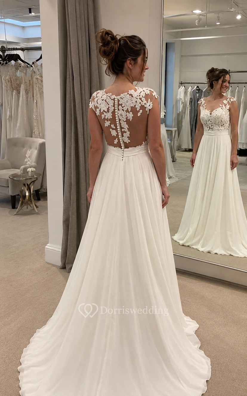 Robe de mariée en mousseline blanche à manches courtes et dentelle illusion, coupe trapèze view 6