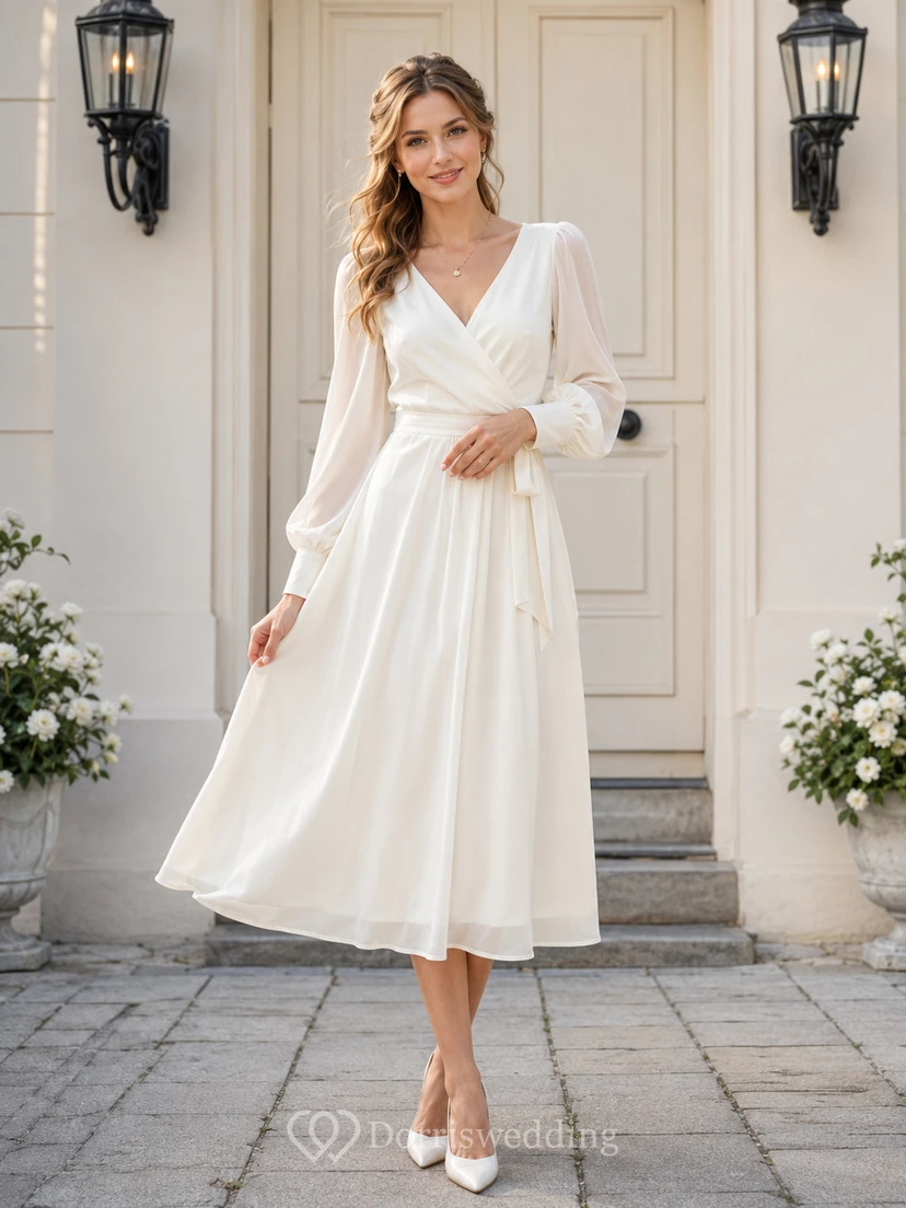 Romantic Civil Chiffon A Line Wrap V Neck Long Poet Sleeve Tea Wedding Dress
