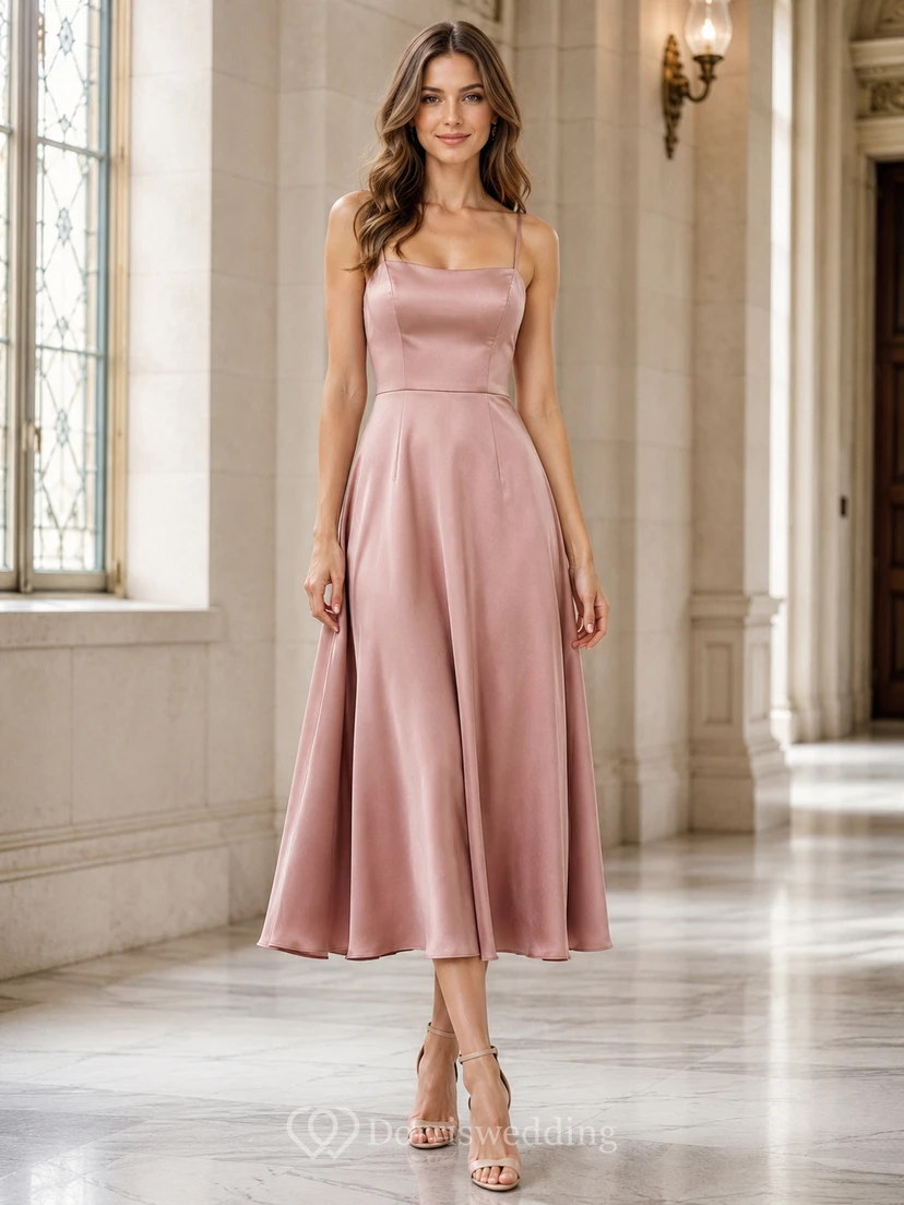 City Hall Cocktail Dusty Rose Simple Elegant A-Line Satin Bridesmaid Dress with Spaghetti Straps Square Neck Sleeveless Tea-Length Strap Back Zipper Back