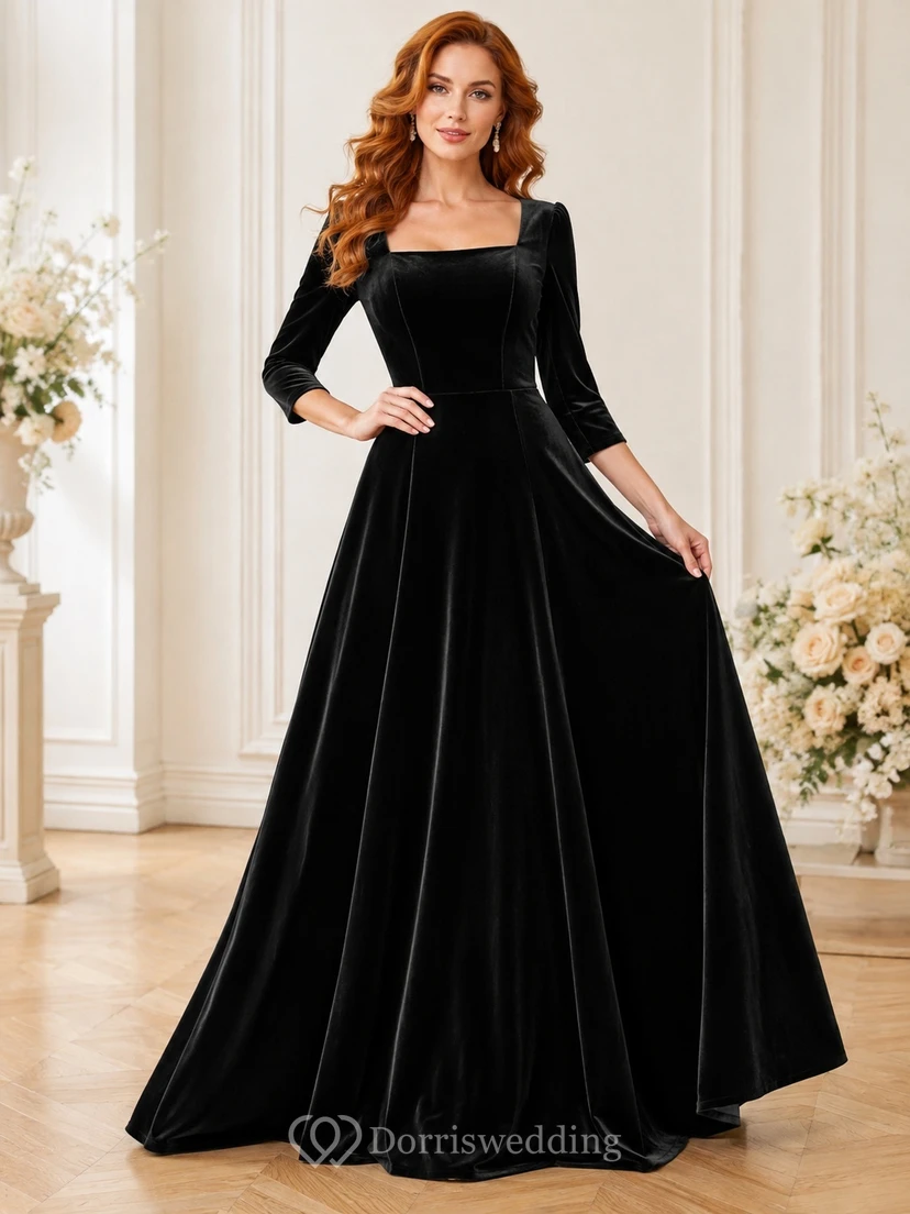 Black Square Neck Three-Quarter Sleeve Velvet A-Line Floor-Length Formal Gown