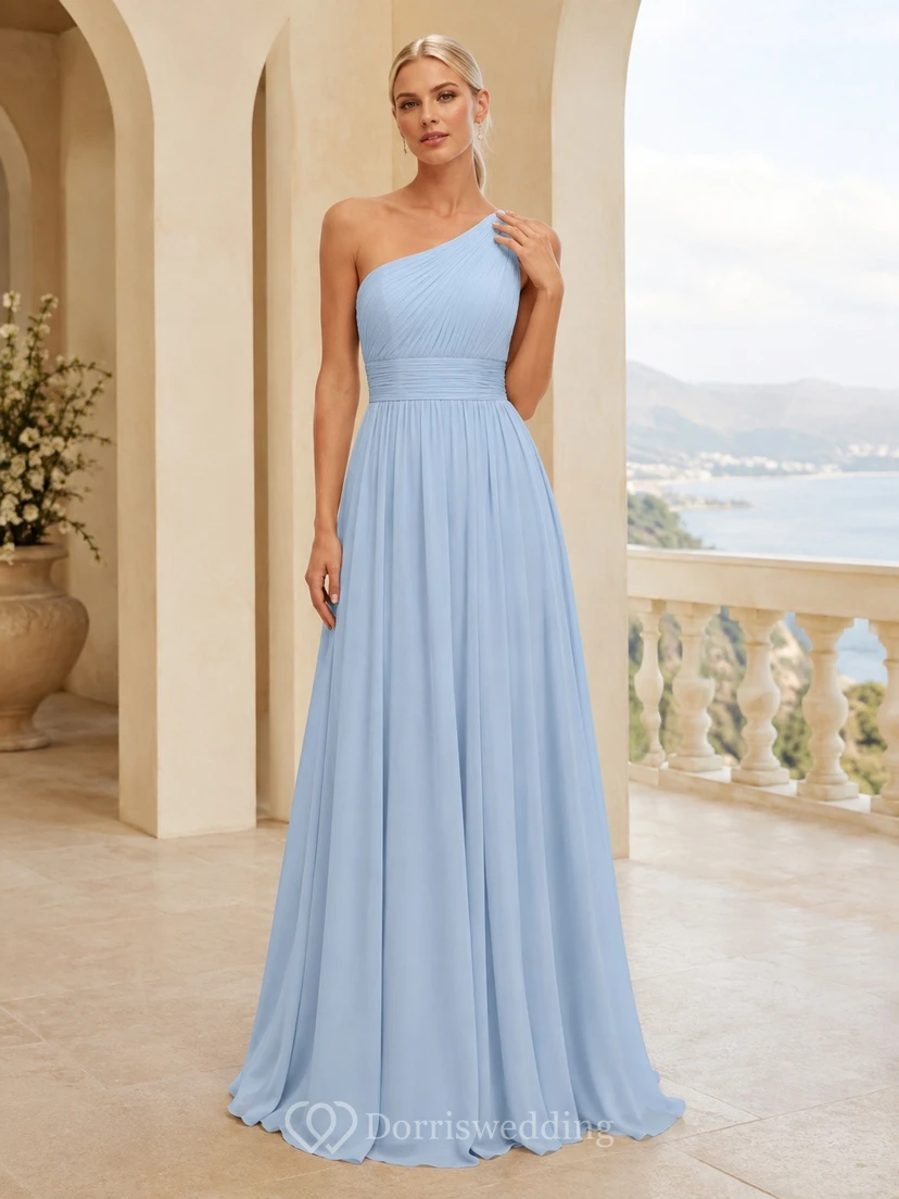 Sky Blue One-Shoulder Chiffon A-Line Floor Length Formal Occasion Dress