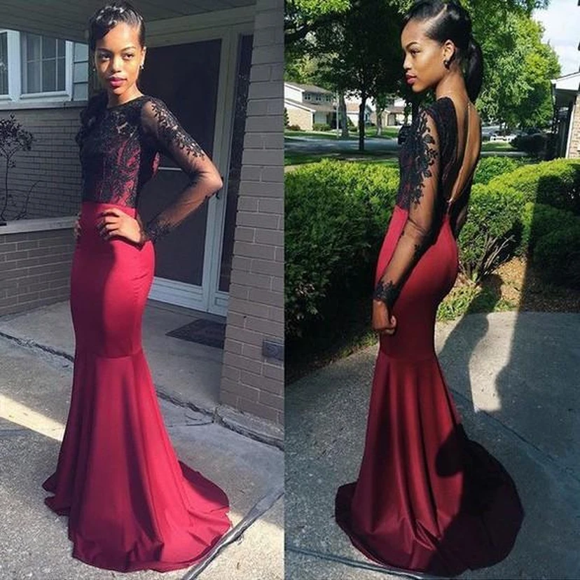 Stunning Long Sleeve Black Lace Evening Dresses Long Burgundy Prom Party Gown view 2