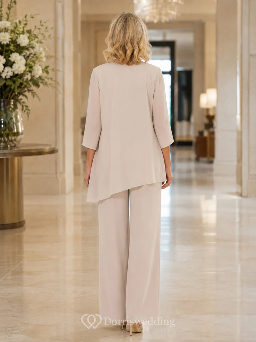 Champagne Mother Jumpsuit with Jewel Neck Sheer Jacket and Wide Leg Pants view 2