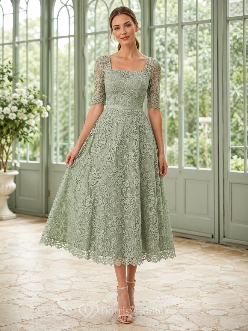 Modest Sage Tea-Length Lace A-Line Square Neck Half Sleeve Dress