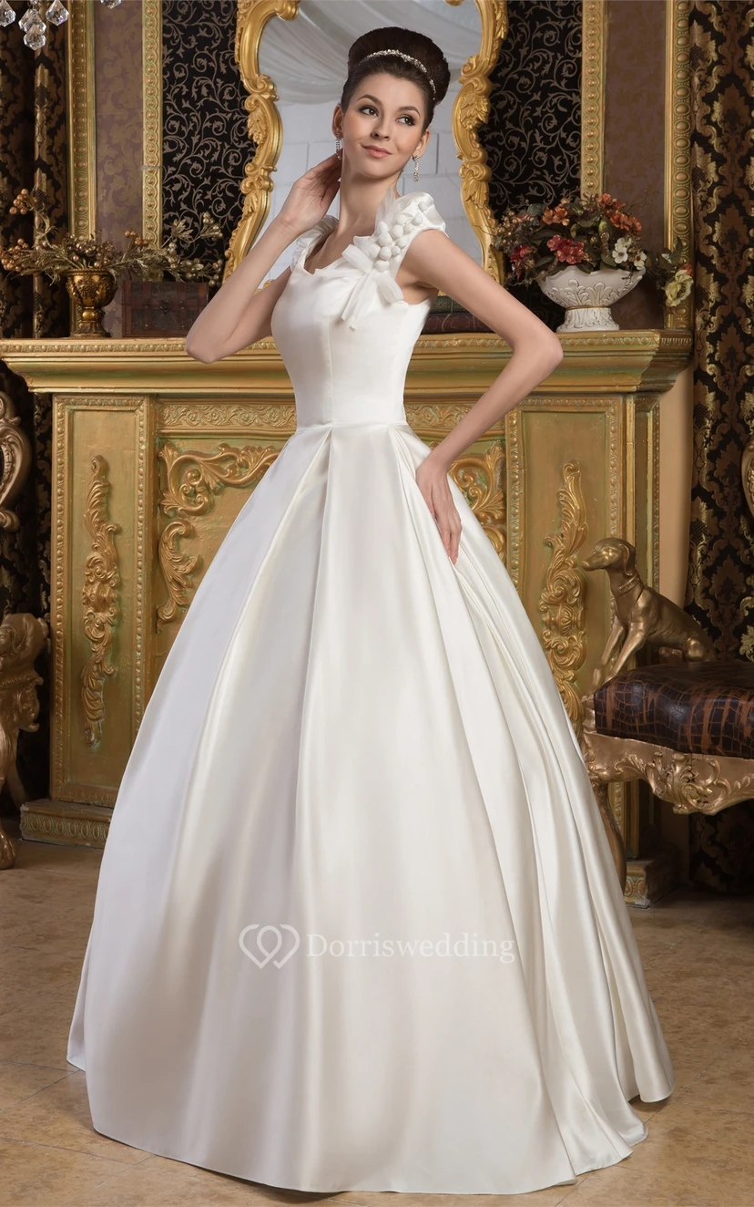 Caped-Sleeve A-Line Satin Ball-Gown With Epaulet view 5
