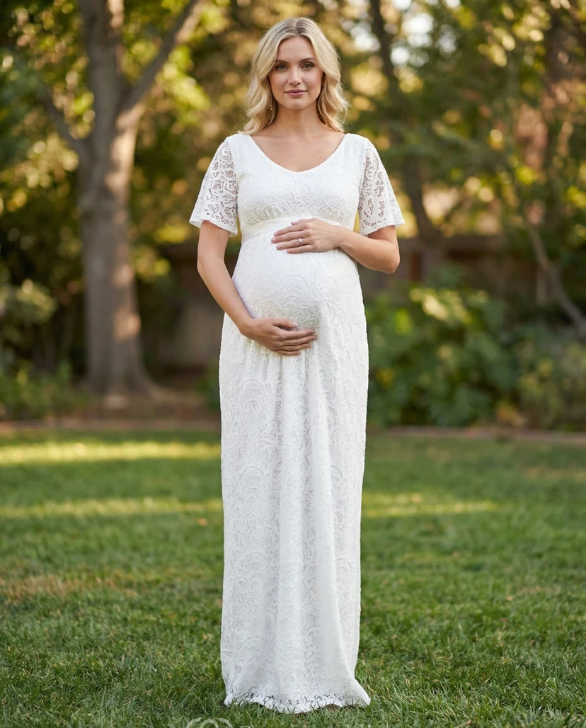 White Lace V Neck Maternity Wedding Dress with Short Sleeves