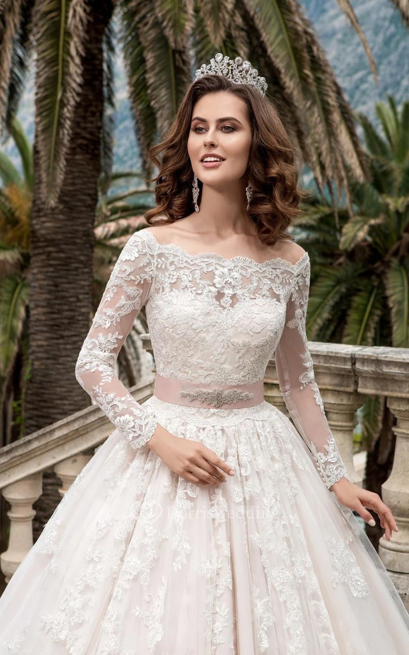 A-Line Mini Off-The-Shoulder Long Sleeve Bell Pleats Beading Appliques Court Train Button Lace Bridal Dress view 3