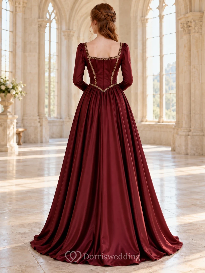 Robe de demoiselle d'honneur médiévale en velours bordeaux à décolleté cœur et manches longues, ornée de bordures dorées view 2