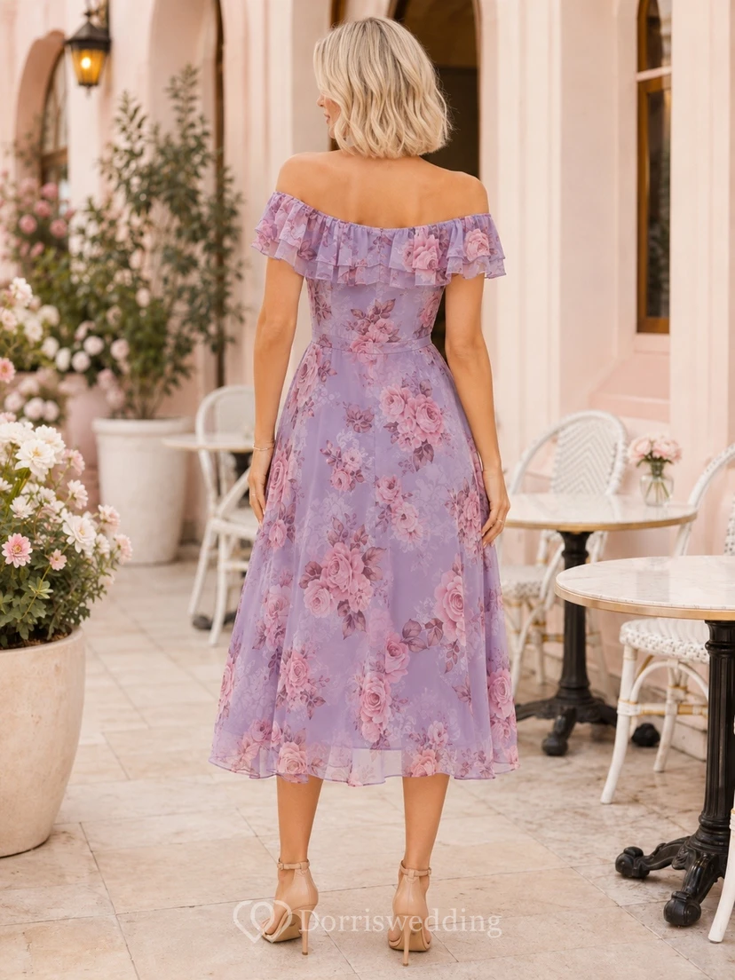 Robe mi-longue à manches bouffantes et épaules dénudées, imprimé floral lavande view 2