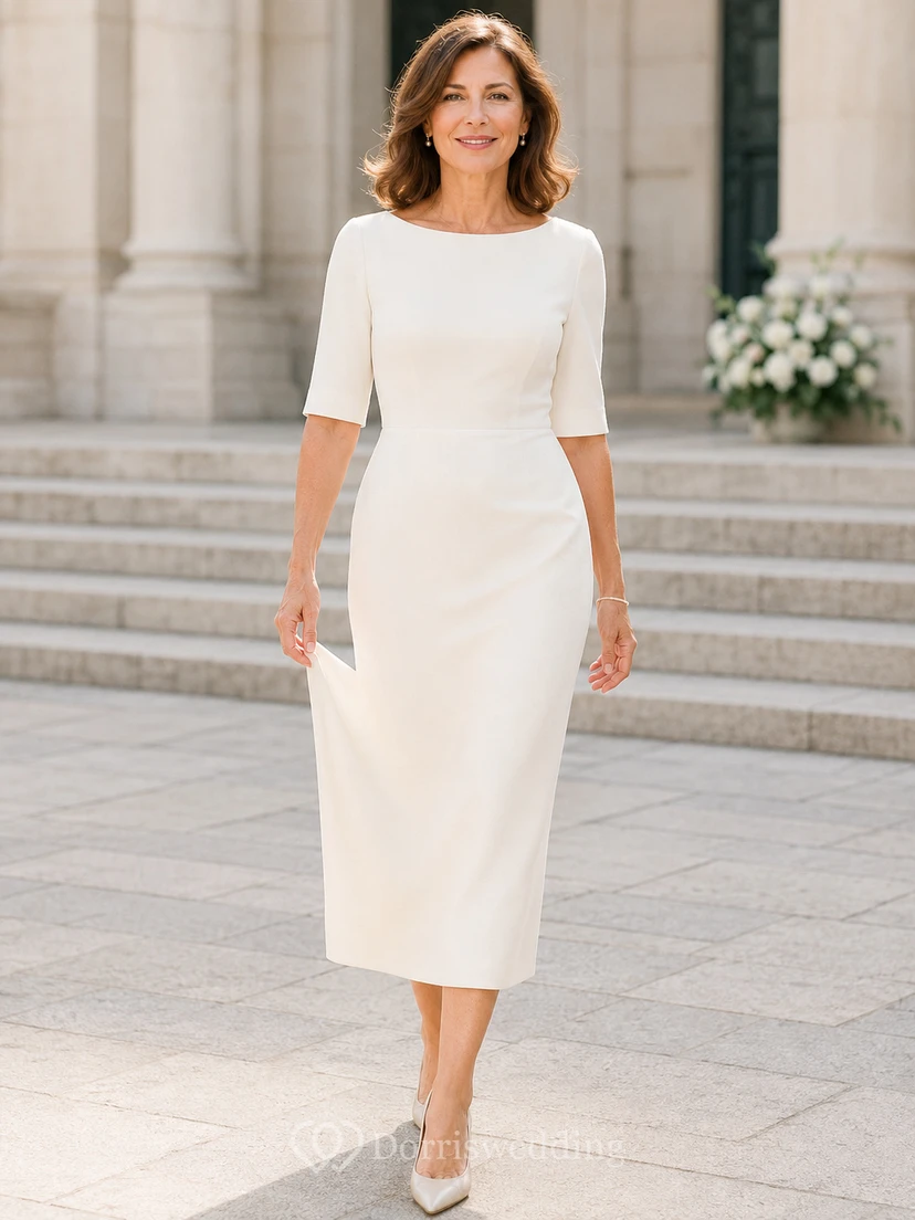 Vestido de novia civil sencillo de satén con escote barco y mangas cortas, largo hasta la rodilla, para novias mayores.