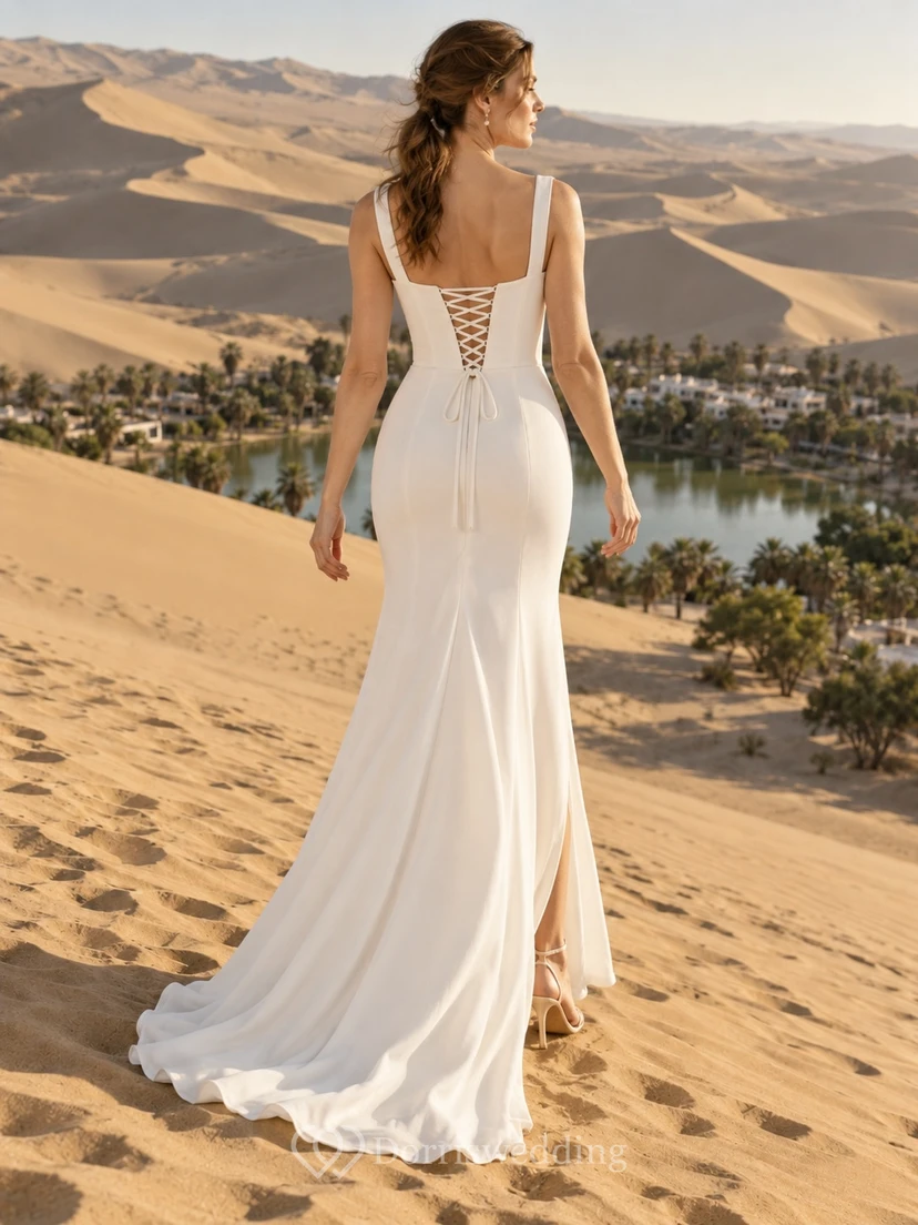 Sencillo vestido de novia de crepé estilo sirena con escote cuadrado, tirantes y abertura frontal. view 2
