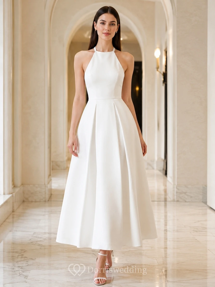 Weißes, ärmelloses Satin-Midikleid mit Neckholder und gekreuztem Rückenausschnitt, A-Linien-Schnitt
