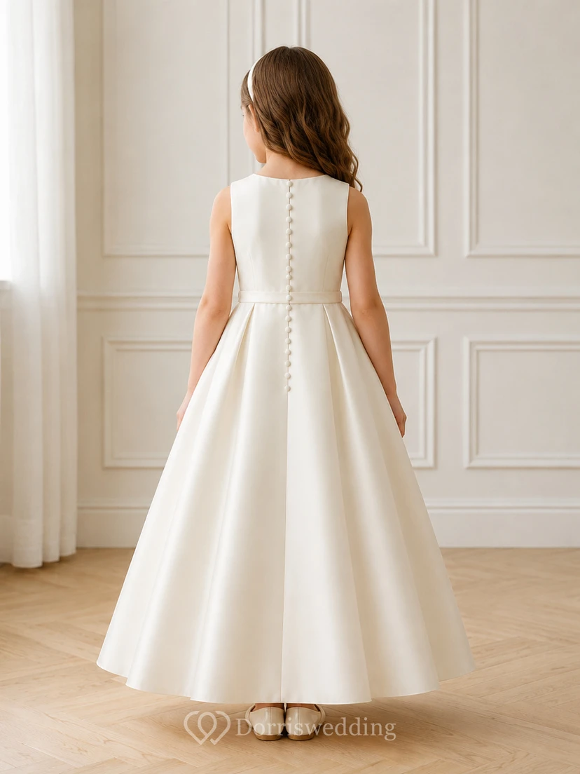 Simple Satin Button Back A-Line Flower Girl Dress with Jewel Neck, Tea-Length Skirt and Pleated Skirt view 2