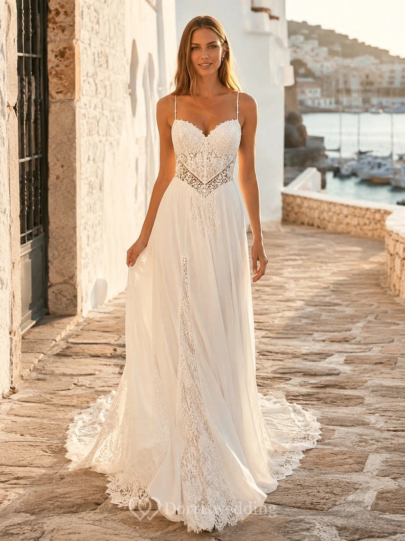 Ibicenco Spaghetti Sweetheart Lace Chiffon A Line Sweep Beach Wedding Dress