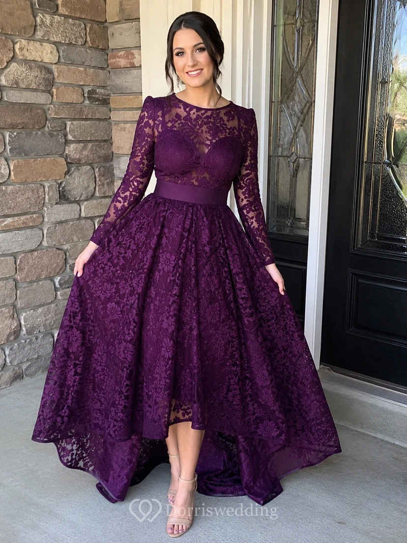 Dramatic Black Damask Lace High-Low Prom Gown view 10