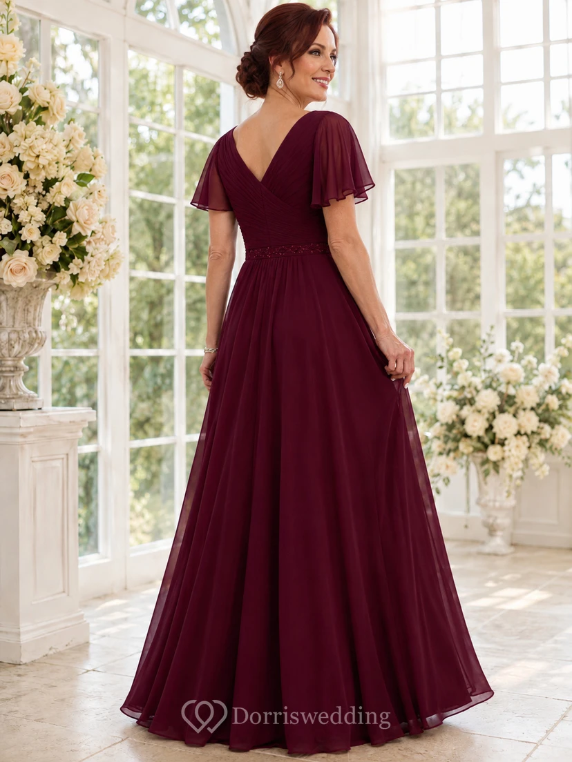 Burgundy V Neck Flutter Sleeve Ruched Chiffon A-Line Floor Mother Quinceanera Gown view 2