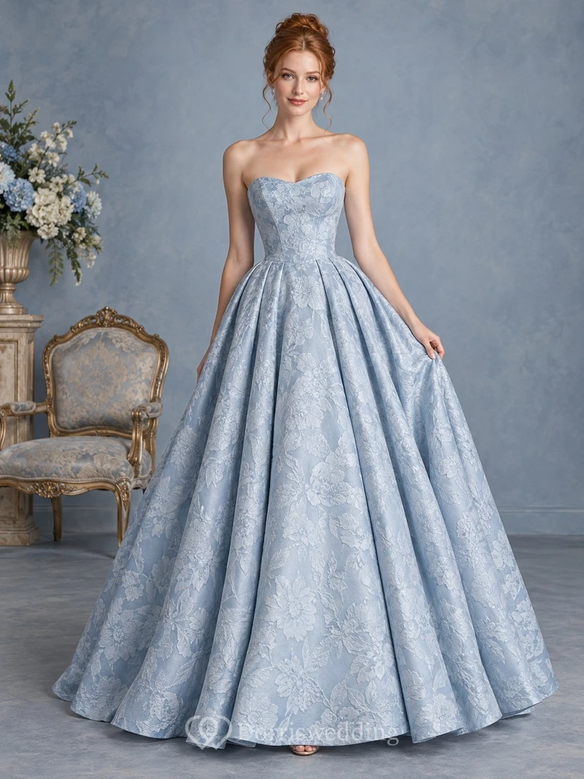 Vintage Sky Blue Strapless Sweetheart Pleated Jacquard Prom Ball Gown