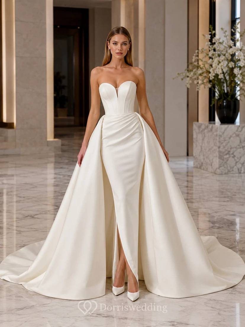 Satin Wedding Dress A-Line Strapless Chapel Train with Slit Bridal Gown