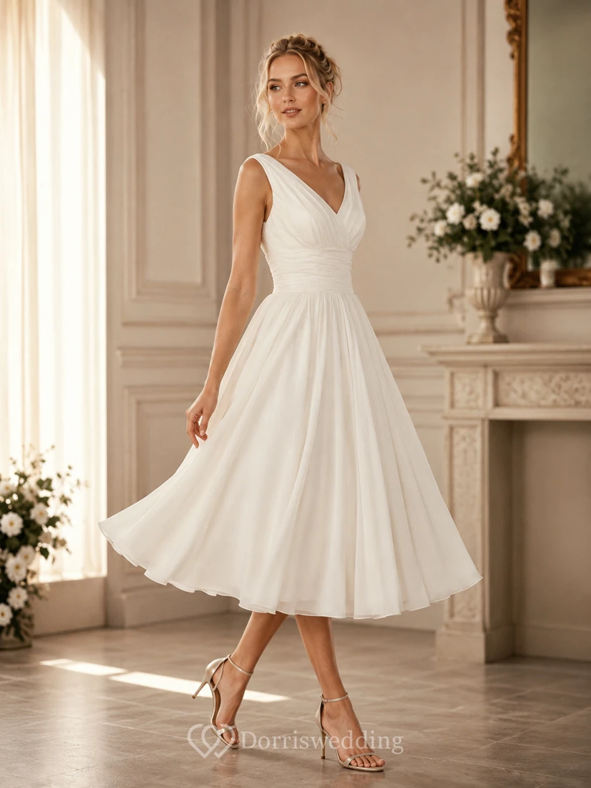 Vestido de novia corto de gasa sin mangas con escote en V, largo hasta la rodilla, fruncido y espalda baja en V.