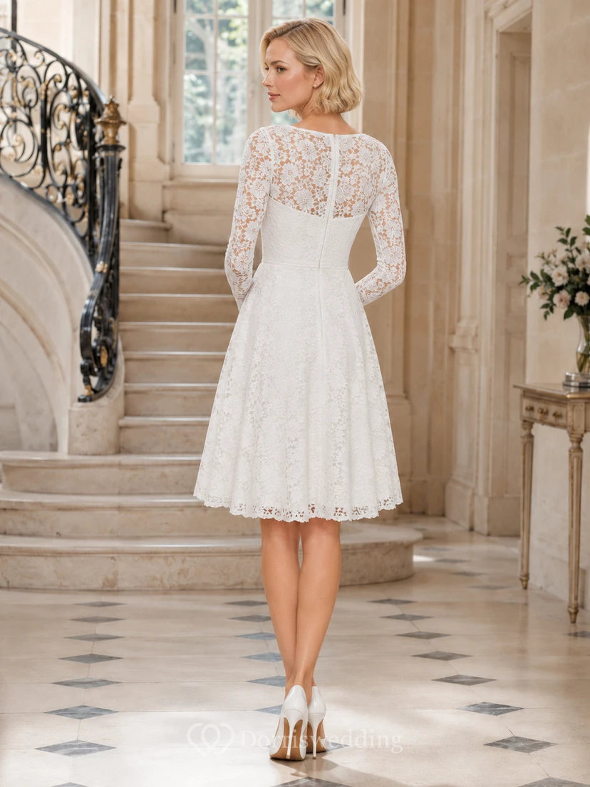 Vintage White Knee-Length Bateau Long Sleeve Lace Courthouse Dress Ceremony view 2