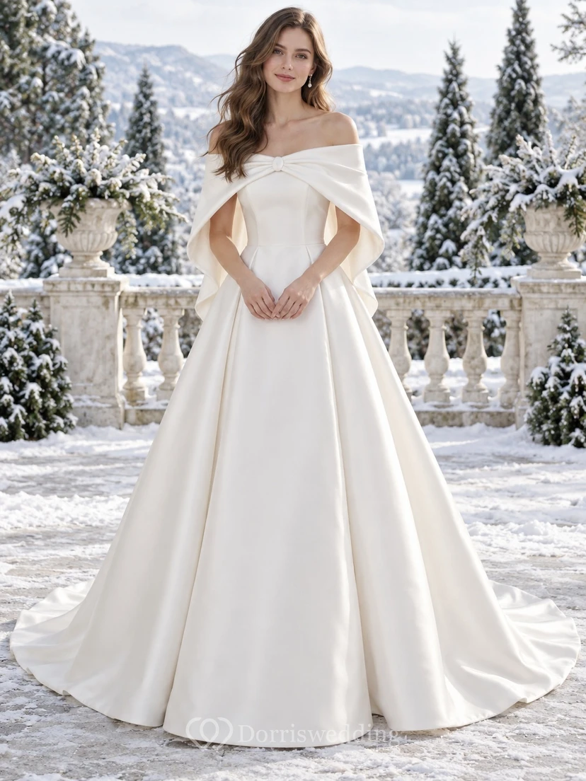 Simple Off Shoulder Satin A-line Short Wedding Cape Dress