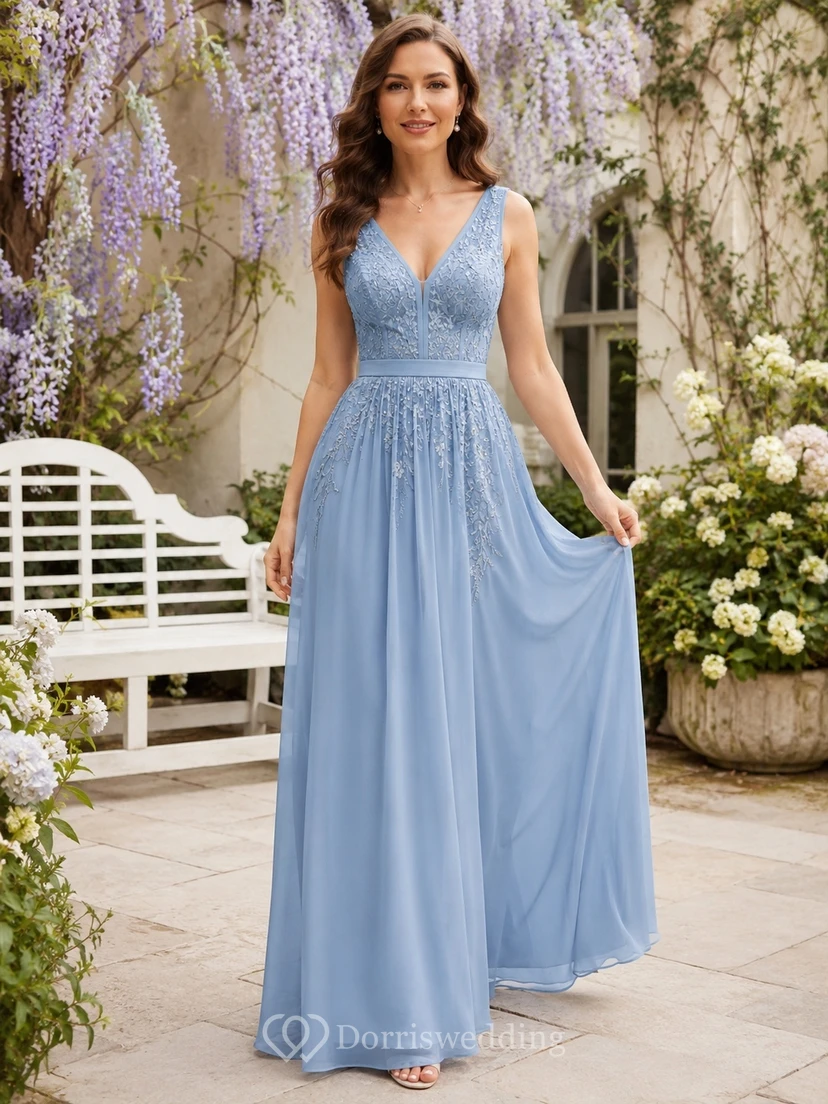 Sky Blue V Neck Sleeveless Chiffon Pleated A-Line Floor Length Garden Dress