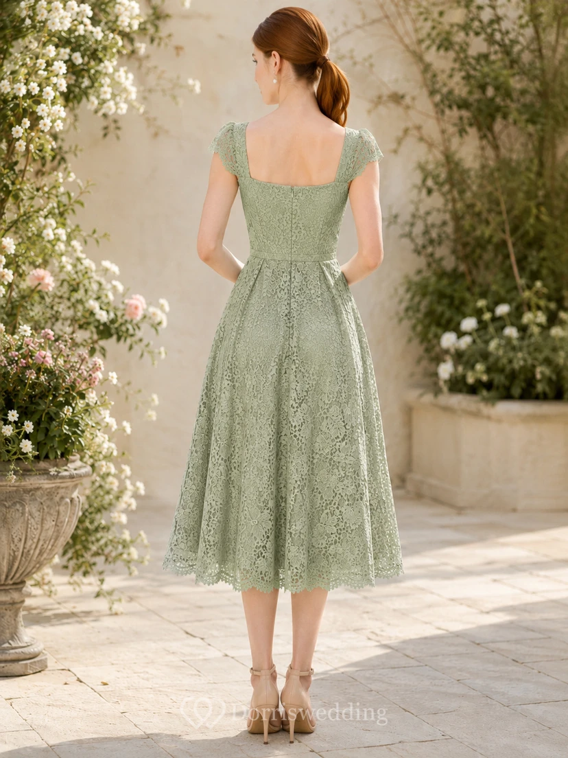 Sage Bateau Lace A-Line Tea-Length Dress view 2