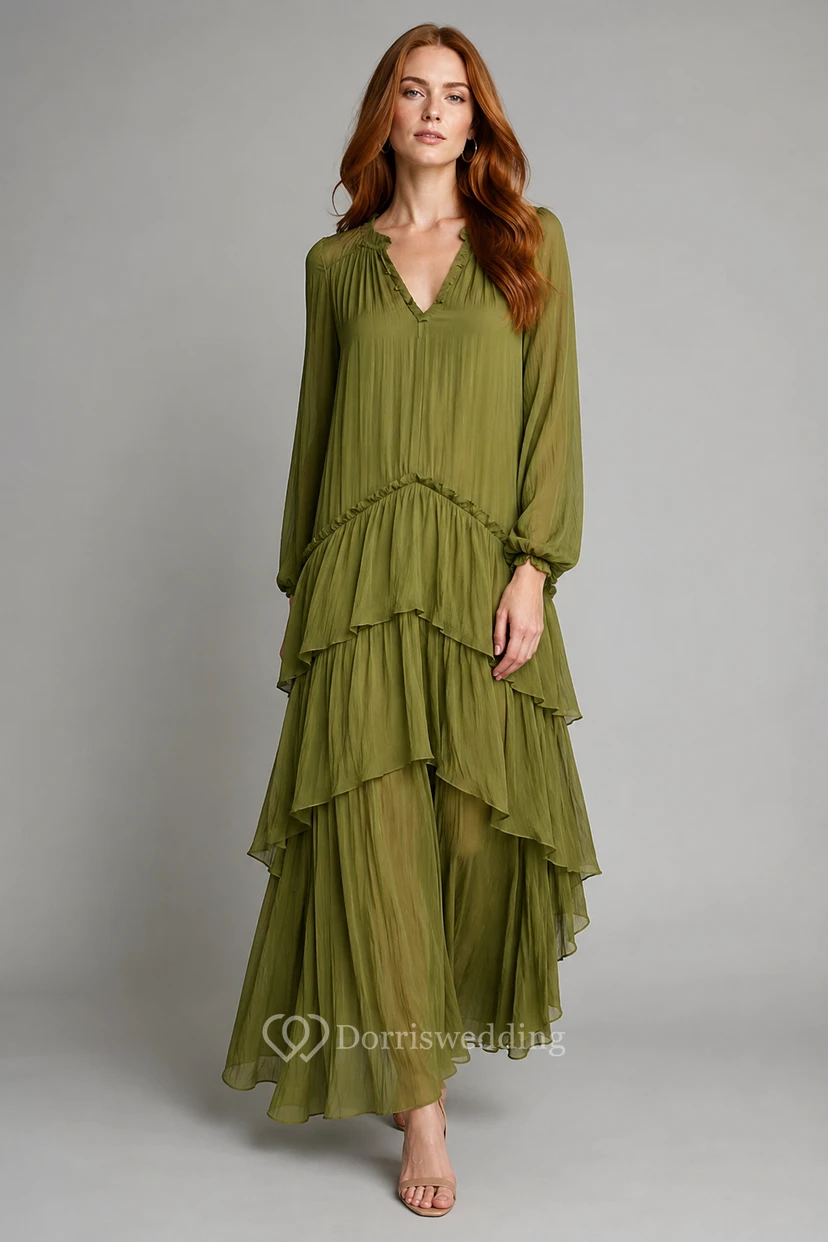 Sage Long Sleeve Chiffon A-Line Dress with Tiered Ruffle Skirt