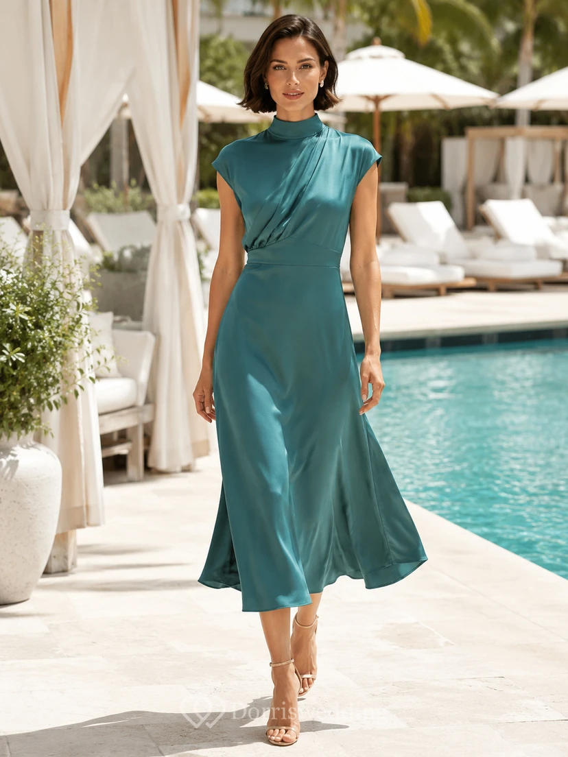 Peacock High Neck Cap Sleeve Satin Midi Guest Dress