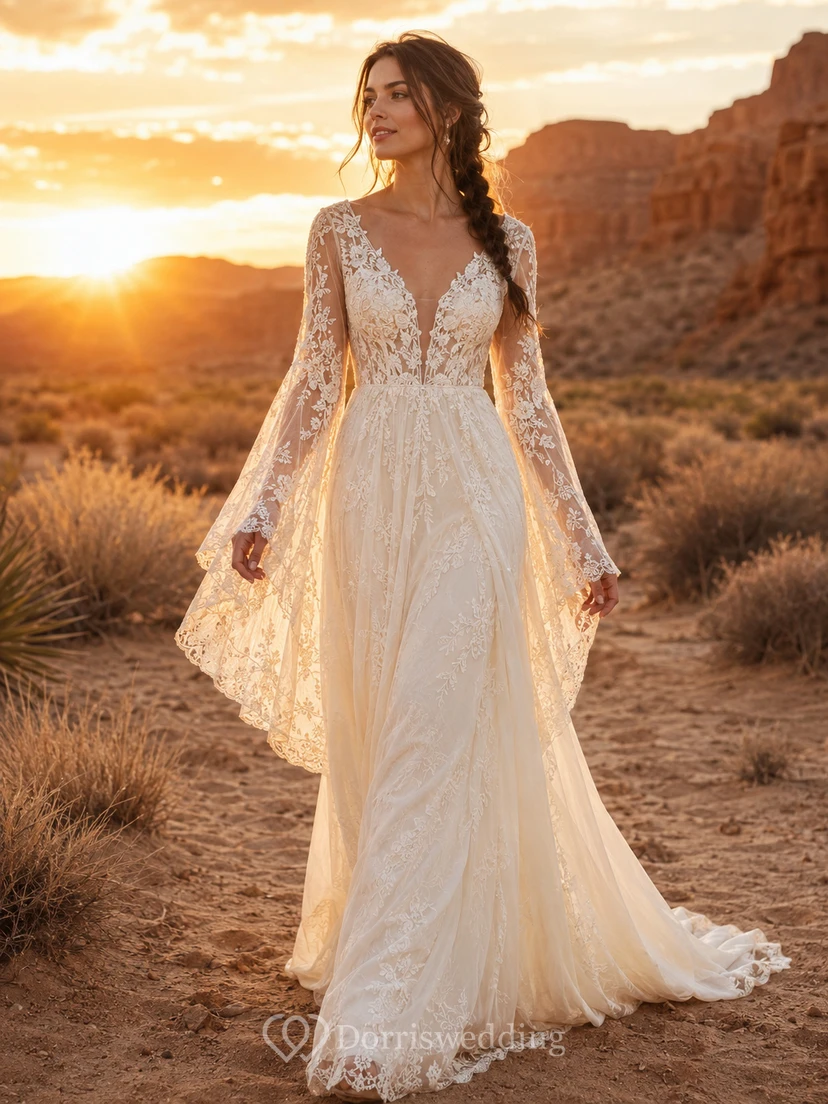 Boho V Neck Lace Bell Sleeve Sunset Bridal Gown