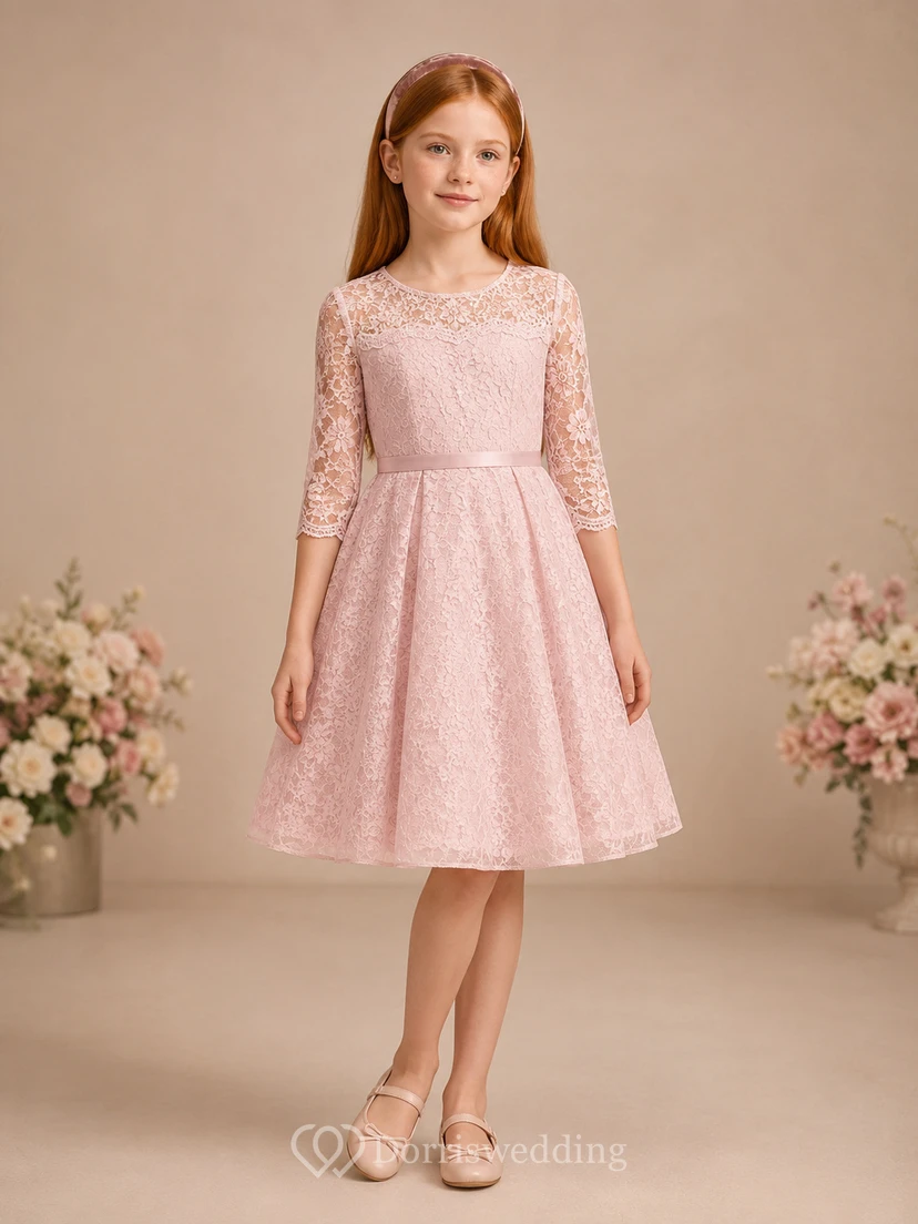 Blush Modest Lace Three-Quarter Sleeve A-Line Flower Girl Garden Knee Length Vintage Dress