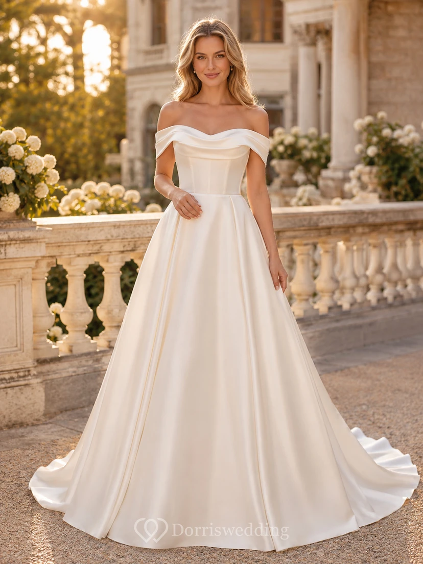 Minimalist Satin Wedding Dress A-Line Off Shoulder Court Train Bridal Gown