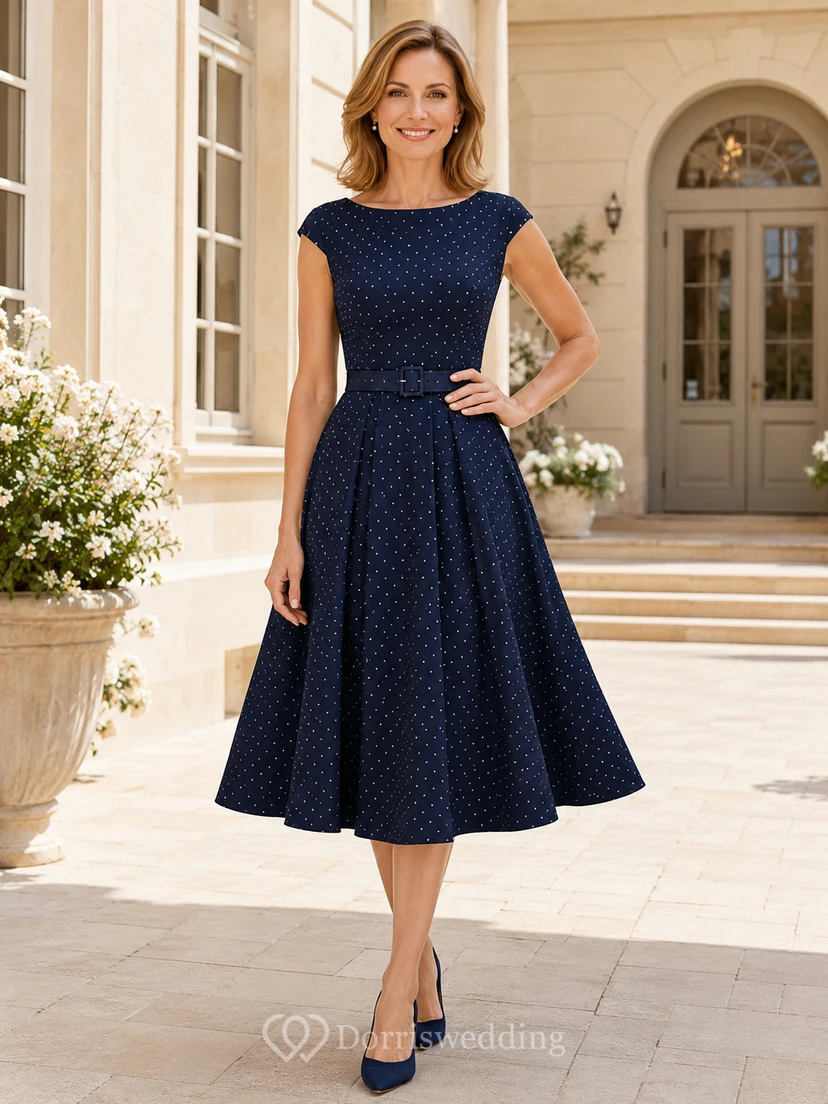 Vestido de mamá de corte A largo hasta la rodilla con mangas cortas y estampado de lunares azul marino oscuro