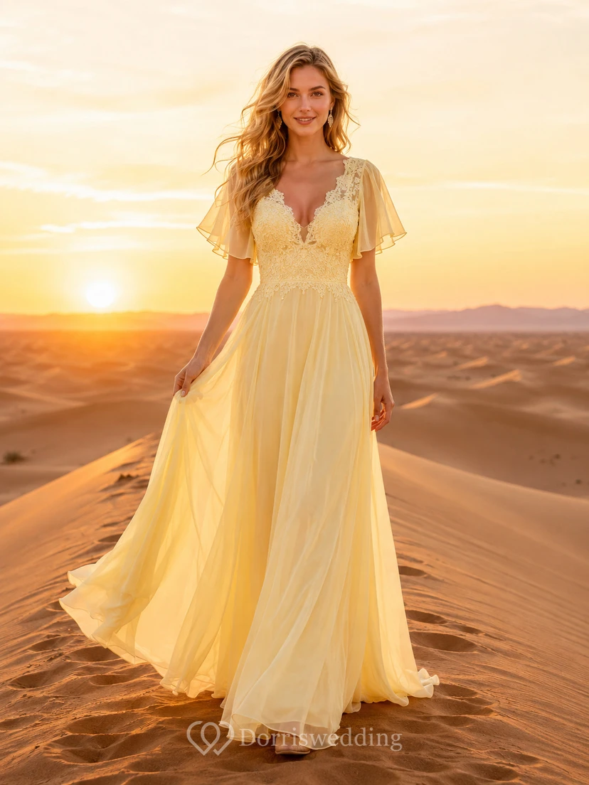 Yellow Flutter Sleeve Chiffon Desert Boho Bridal Gown