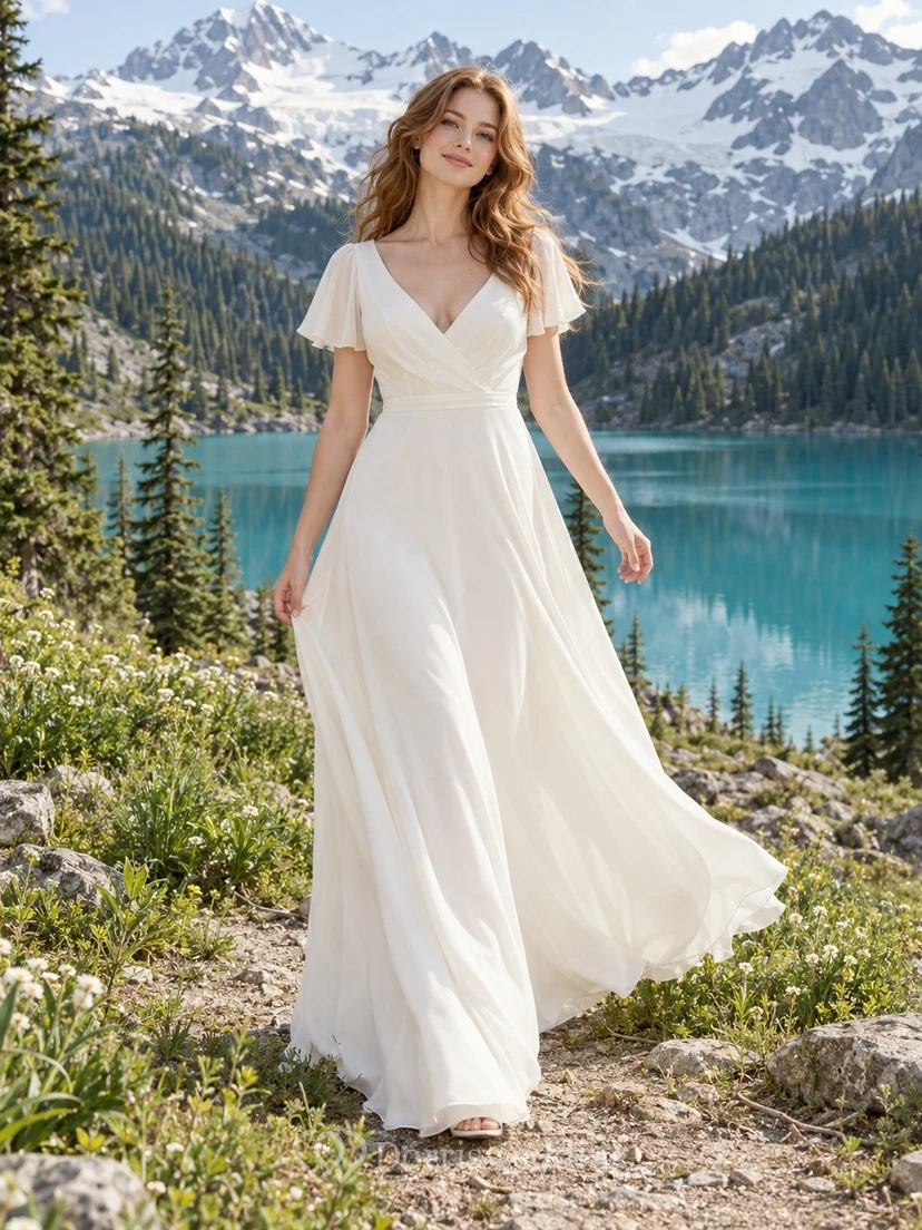 Vestido de novia con escote en V y mangas con volantes en crepé de China, corte en A y cola larga.