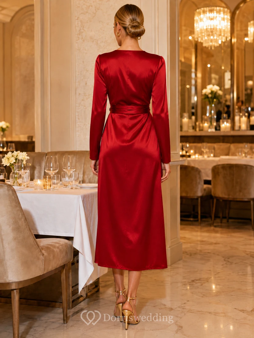 Robe de soirée rouge à manches longues en satin, style portefeuille, mi-longue view 2