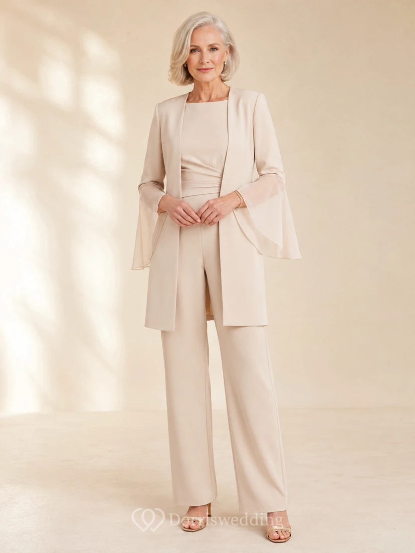Ivory Mother Jumpsuit with Square Neck Long Jacket with Bell Sleeves and Straight Leg Pants