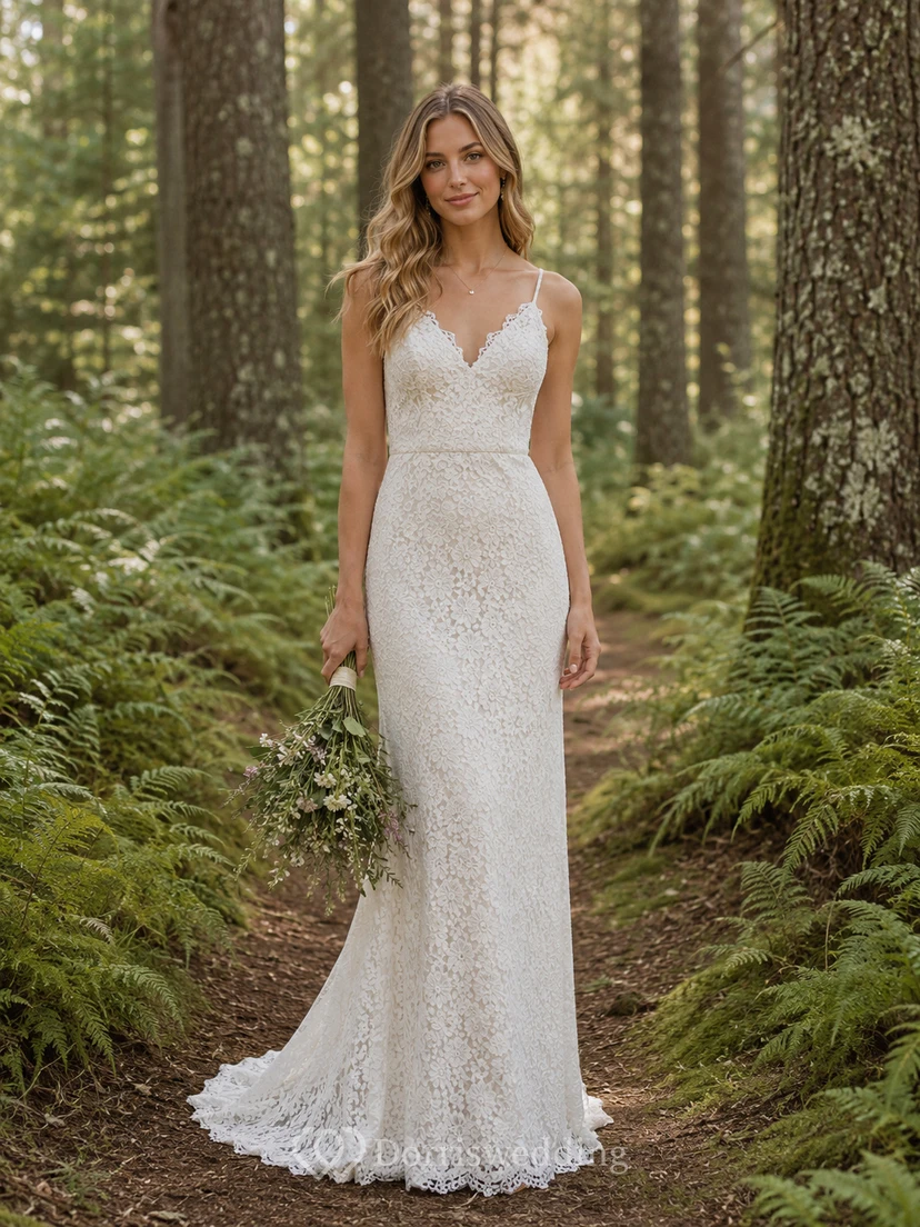 Sleeveless Forest Boho Lace Sheath Elopement Wedding Dress